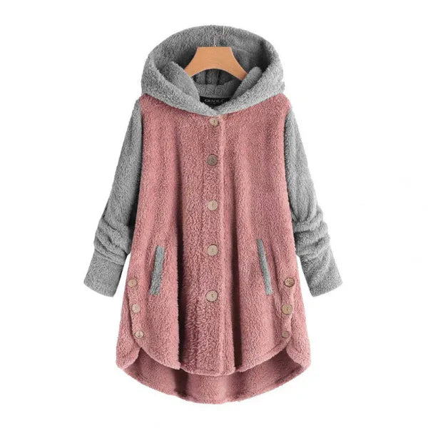 Dam Hooded Kappa – Oversized Passform – Fuzzy Fleece – Knäppning – Asymmetrisk Fåll