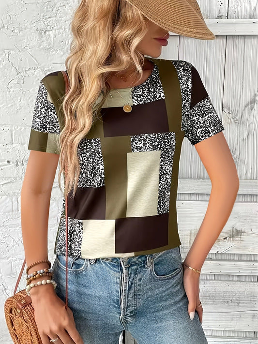 Dam T-shirt – Bomullsblandning – Normal Passform – Kort Ärmlängd – Geometriskt Mönster