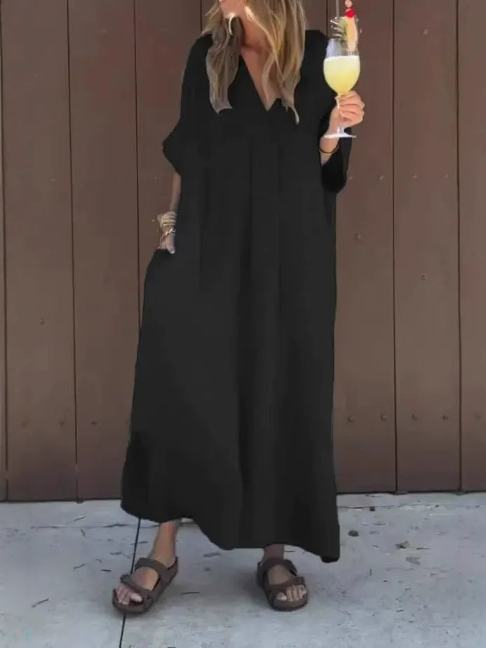 Damklänning maxi – bomull – lös passform – v-ringning – kort ärm – vardagsstil