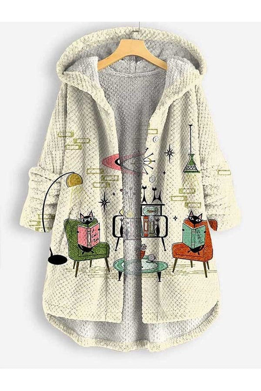 Damjacka med Huva – Fleecekänsla – Oversized Passform – Öppen Front – Tryckt Motiv