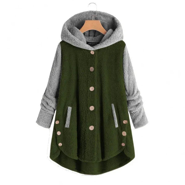 Dam Hooded Kappa – Oversized Passform – Fuzzy Fleece – Knäppning – Asymmetrisk Fåll