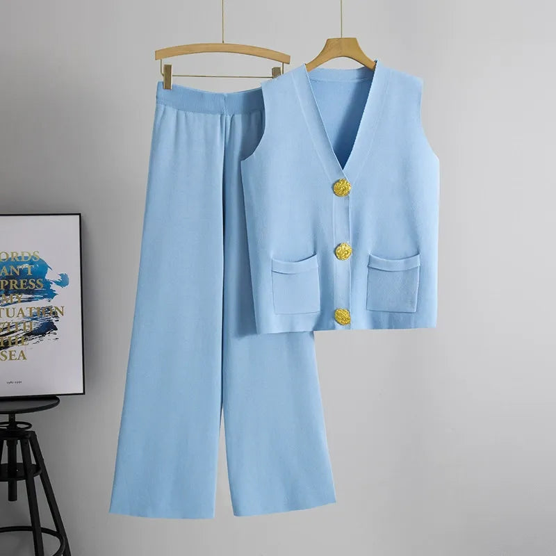 Damset med väst och byxa – Stickad – Avslappnad passform – Brett ben – Knappdetaljer