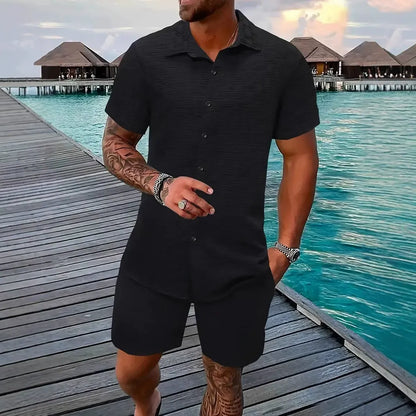 Herr Set med Kortärmad Skjorta och Shorts – Jacquard – Avslappnad Passform