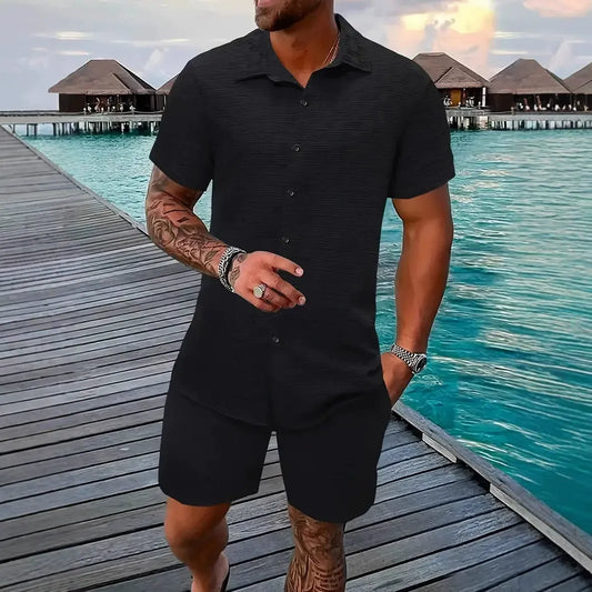 Herr Set med Kortärmad Skjorta och Shorts – Jacquard – Avslappnad Passform