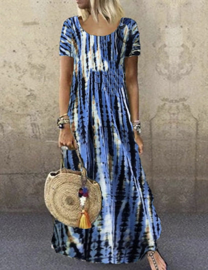 Damklänning maxi – Lös passform – Tie-dye mönster – Kort ärm – Bomull