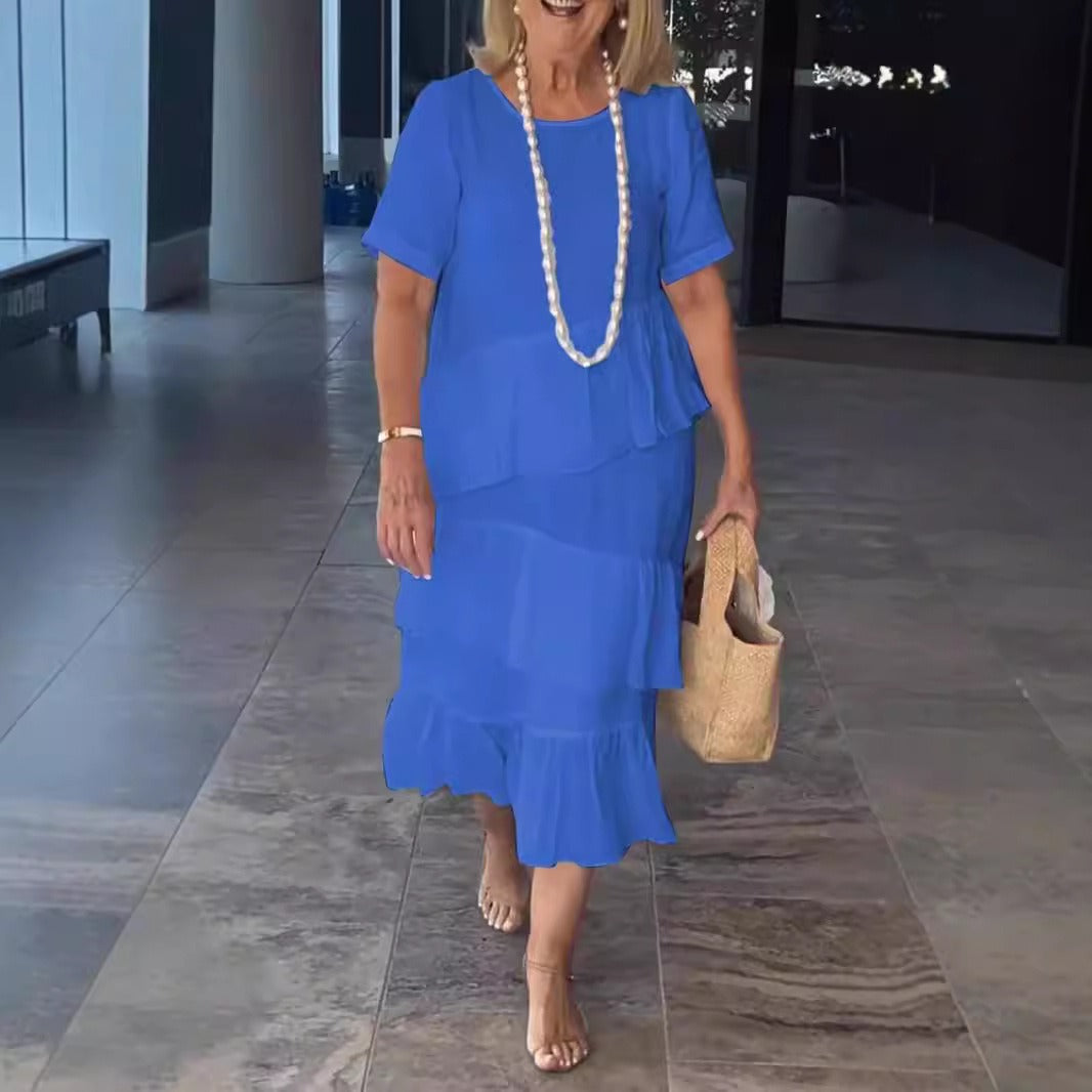 Damklänning midi – Lös passform – A-linjeformad – Plisserad volangdesign – Linne bomull