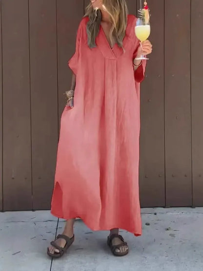 Damklänning maxi – bomull – lös passform – v-ringning – kort ärm – vardagsstil