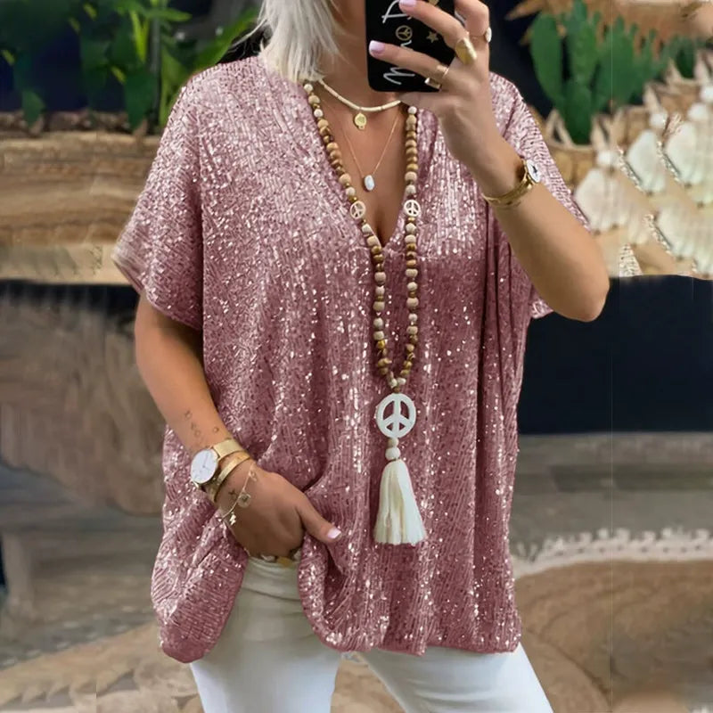 Dam T-shirt V-ringad – Avslappnad Passform – Paljettdekor – Kort Ärm Festlook