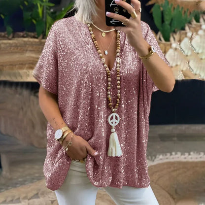 Dam T-shirt V-ringad – Avslappnad Passform – Paljettdekor – Kort Ärm Festlook