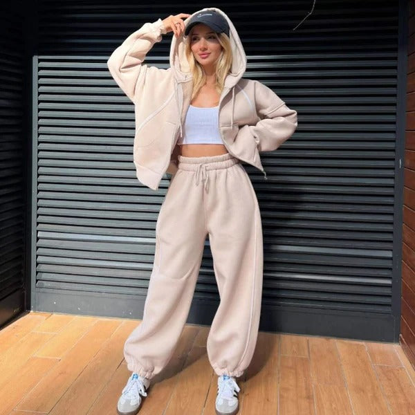 Damset med Hoodie och Joggers – Oversized Passform – Mjuk Bomullsfleece – Pipingdetaljer