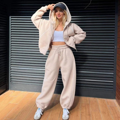 Damset med Hoodie och Joggers – Oversized Passform – Mjuk Bomullsfleece – Pipingdetaljer