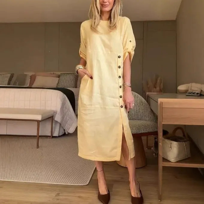 Damklänning midi – Linne bomull – Avslappnad passform – Korta ärmar – Knappdetalj