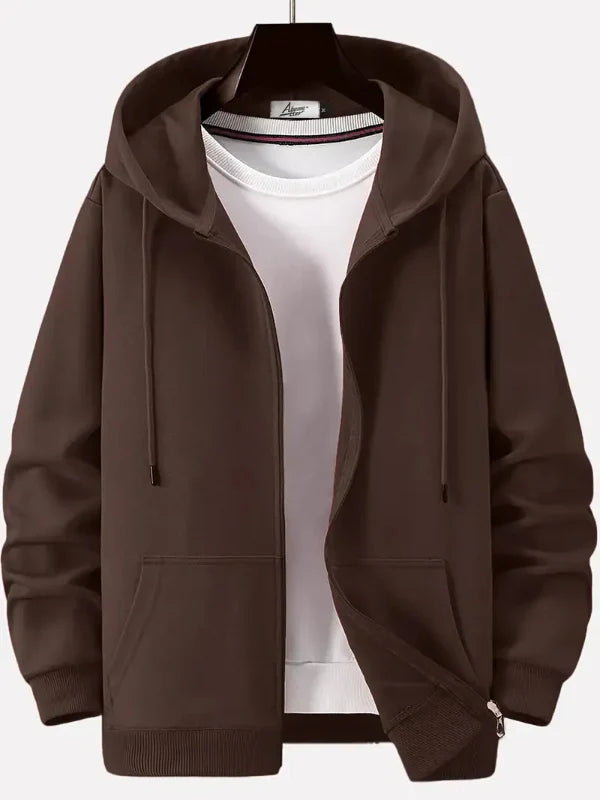 Herrhoodie med Dragkedja – Avslappnad Passform – Bomullsblandning – Justerbar Huva – Fickor Fram