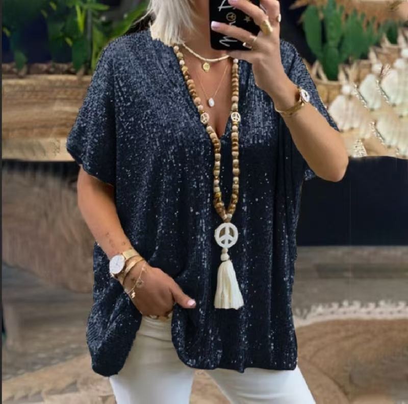 Dam T-shirt V-ringad – Avslappnad Passform – Paljettdekor – Kort Ärm Festlook