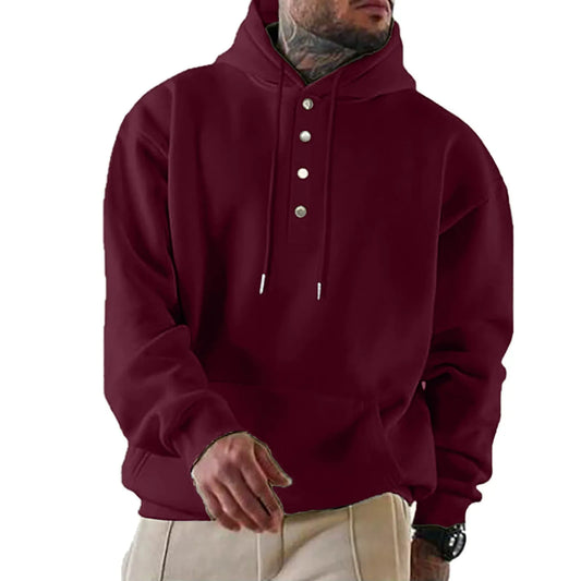 Herrhoodie – Avslappnad passform – Fleece-textur – Knappslå – Justerbar huva