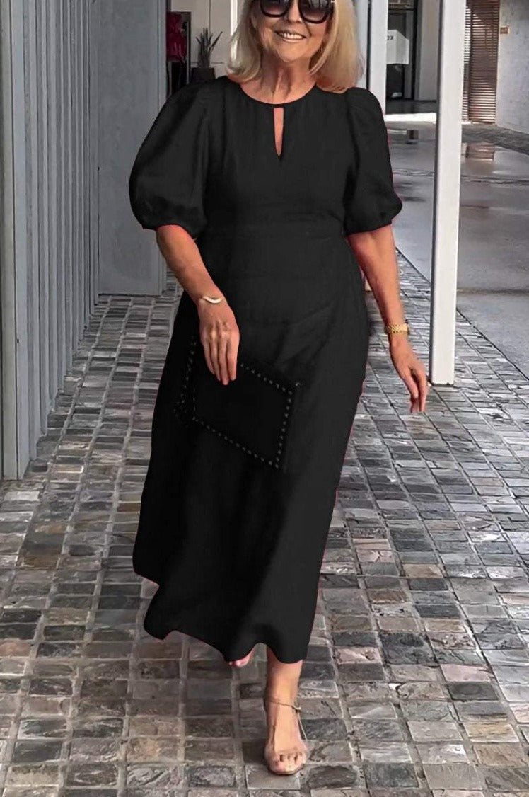 Damklänning midi – Puffärm – Avslappnad passform – Cotton – Rund hals med slits