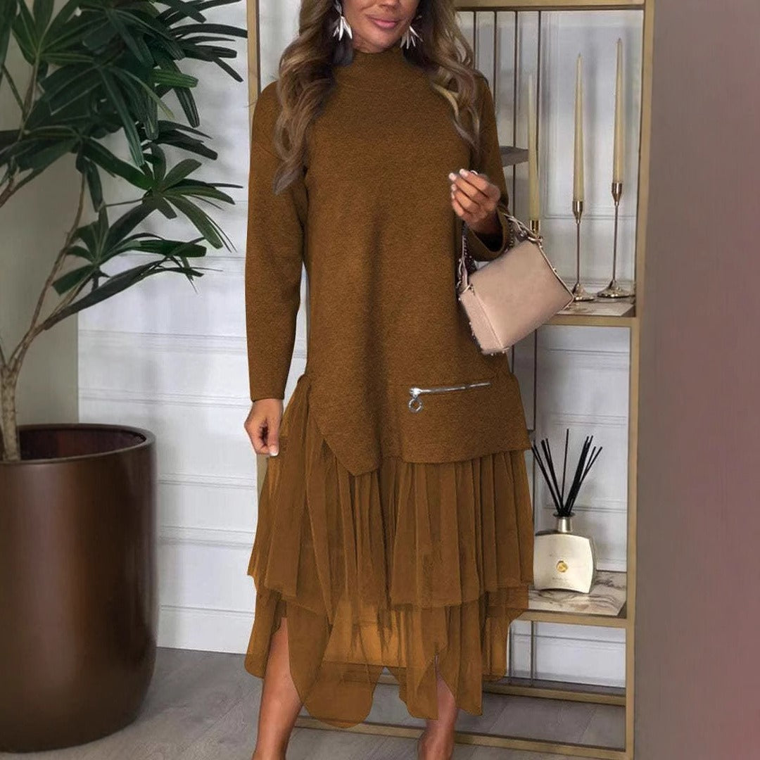 Damklänning – A-linjeformad passform – Stickad topp – Meshdetaljer – Lång ärm – Midilängd