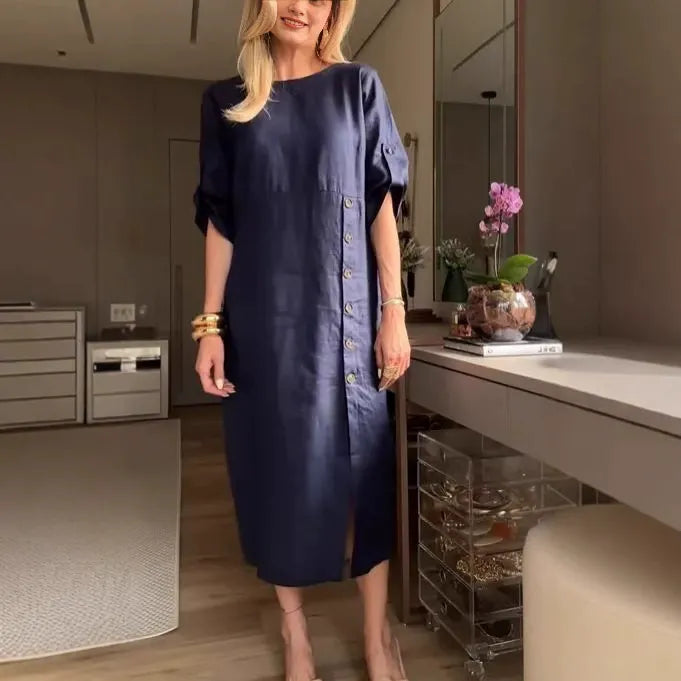 Damklänning midi – Linne bomull – Avslappnad passform – Korta ärmar – Knappdetalj