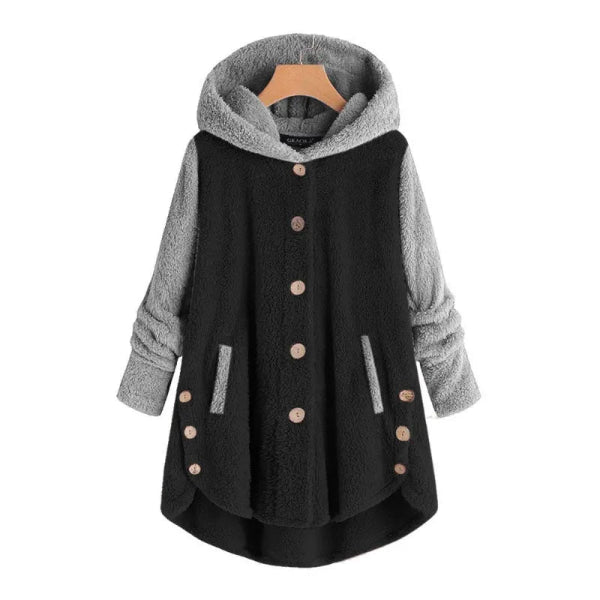 Dam Hooded Kappa – Oversized Passform – Fuzzy Fleece – Knäppning – Asymmetrisk Fåll