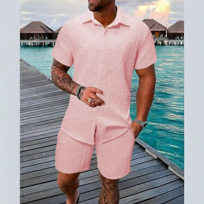 Herr Set med Kortärmad Skjorta och Shorts – Jacquard – Avslappnad Passform