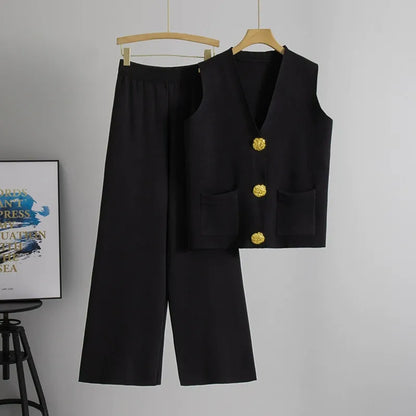 Damset med väst och byxa – Stickad – Avslappnad passform – Brett ben – Knappdetaljer