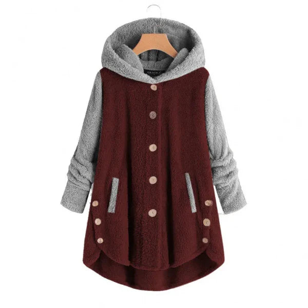 Dam Hooded Kappa – Oversized Passform – Fuzzy Fleece – Knäppning – Asymmetrisk Fåll