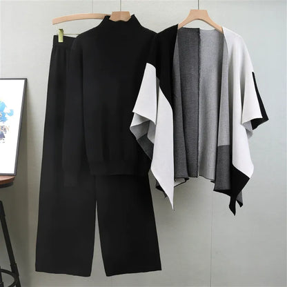 Dam Set med Stickad Mock Neck Tröja – Vida Byxor – Öppen Cape – Avslappnad Passform