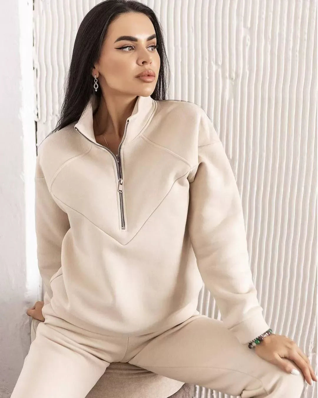 Dam Loungewear Set – Fleece Hoodie med Half Zip – Joggerbyxor – Avslappnad Passform