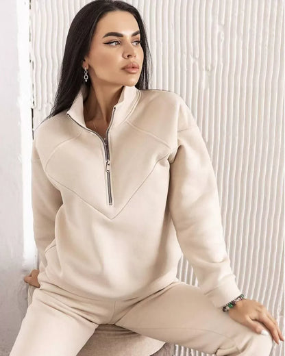 Dam Loungewear Set – Fleece Hoodie med Half Zip – Joggerbyxor – Avslappnad Passform