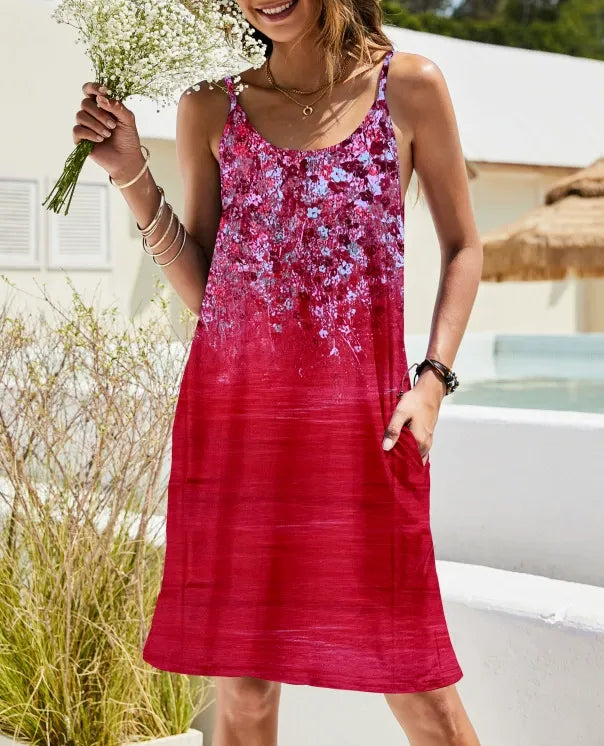 Damklänning A-linje – Avslappnad Passform – Bomull – Spagettiband – Rund halsringning – Fickor