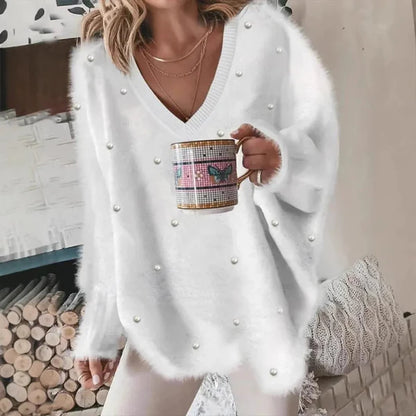 Damtröja med V-Ringning – Oversize Passform – Mjuk Textur – Pärldetaljer