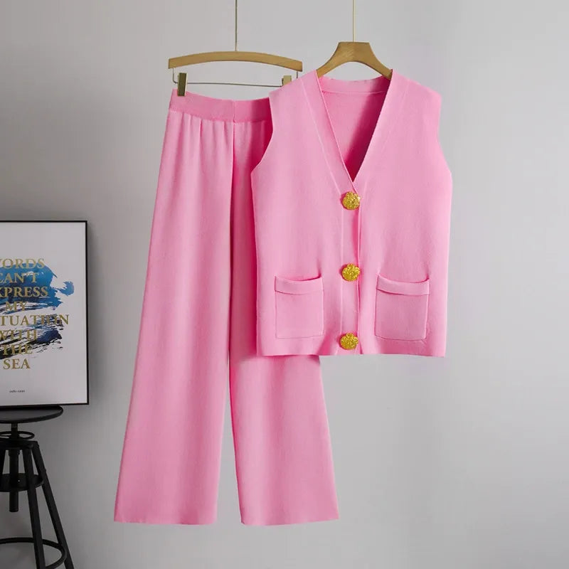 Damset med väst och byxa – Stickad – Avslappnad passform – Brett ben – Knappdetaljer