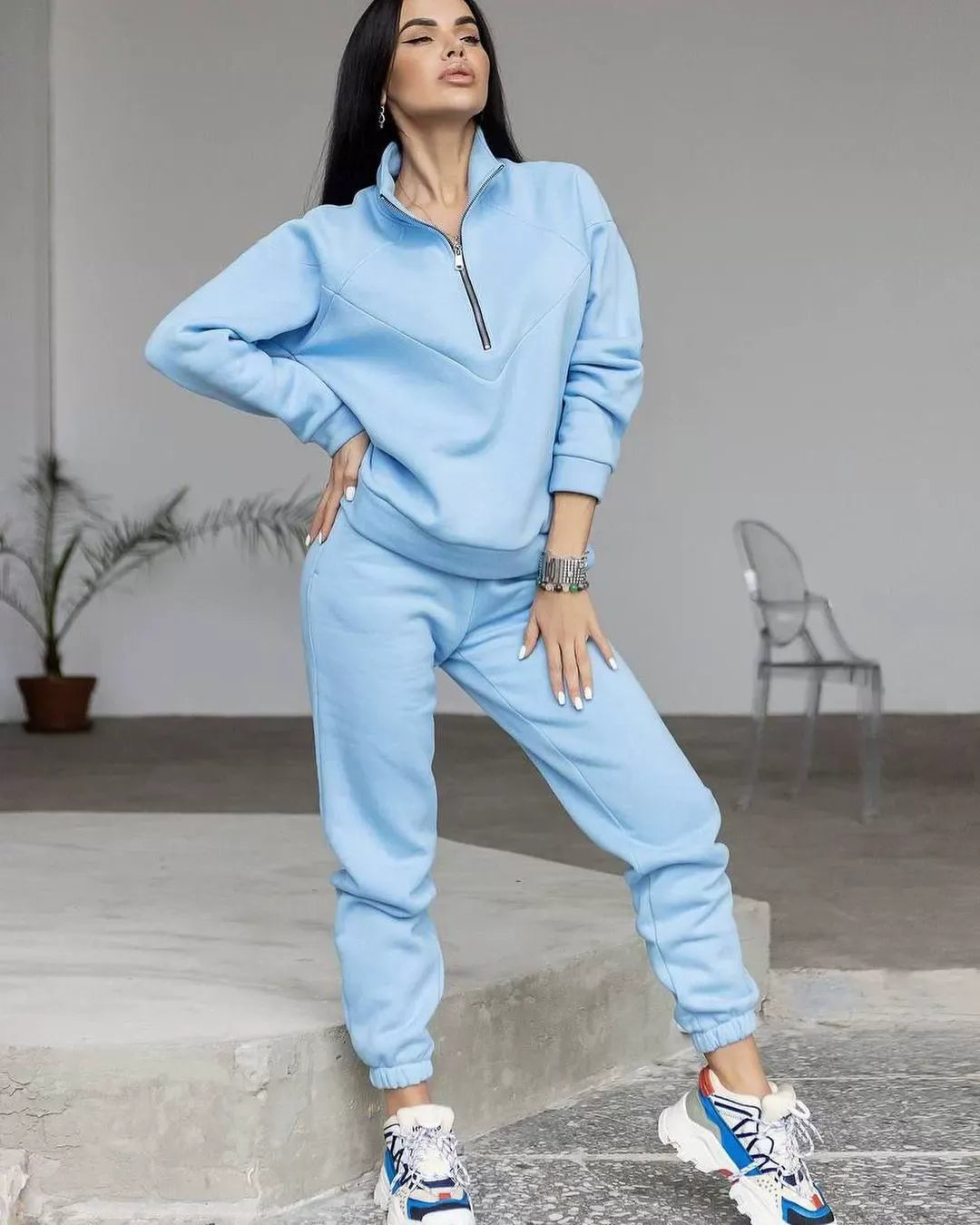 Dam Loungewear Set – Fleece Hoodie med Half Zip – Joggerbyxor – Avslappnad Passform