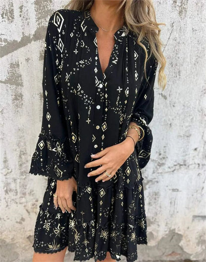 Damklänning – Utsvängd Passform – Spetsärmar – Volangkjol – Metalliska Detaljer