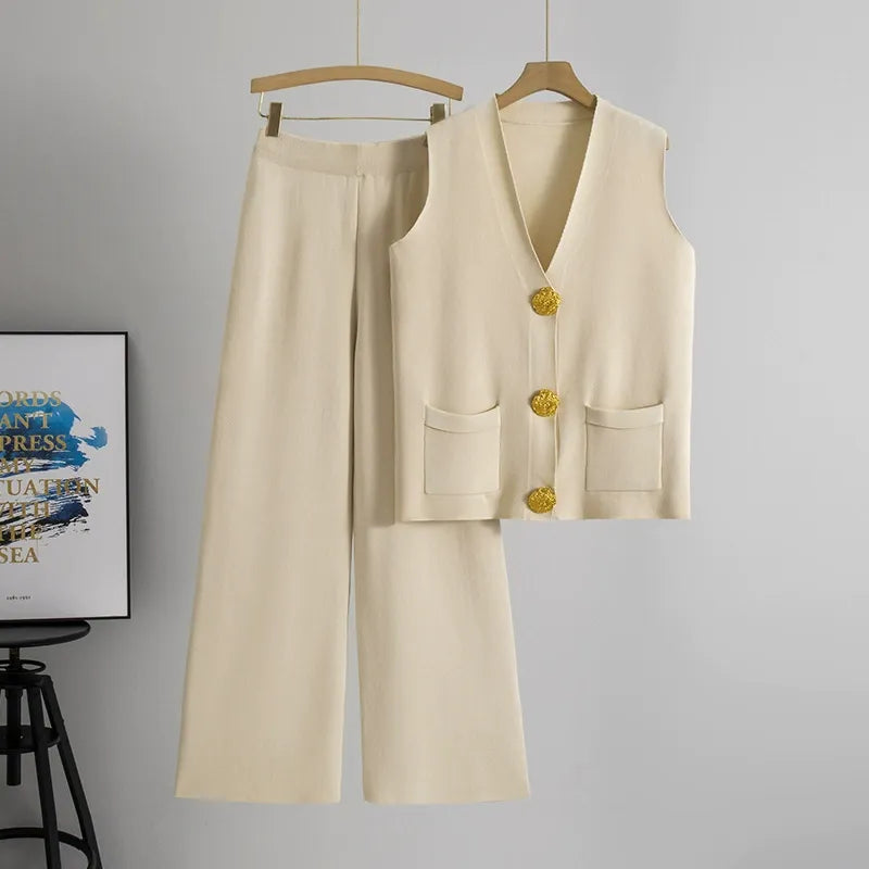 Damset med väst och byxa – Stickad – Avslappnad passform – Brett ben – Knappdetaljer