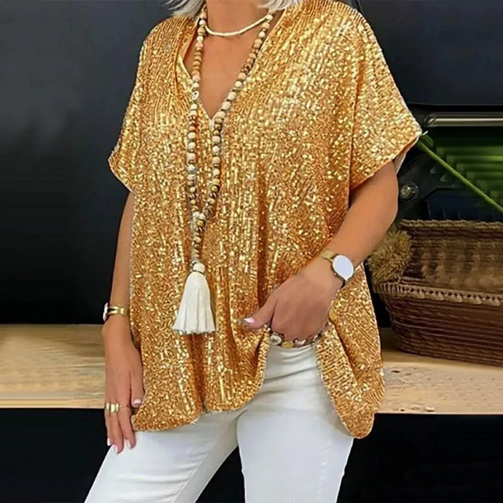Dam T-shirt V-ringad – Avslappnad Passform – Paljettdekor – Kort Ärm Festlook