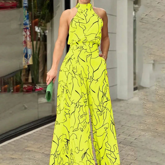 Dam Jumpsuit – Halterneck – Abstrakt Mönster – Vid Ben – Avslappnad Passform