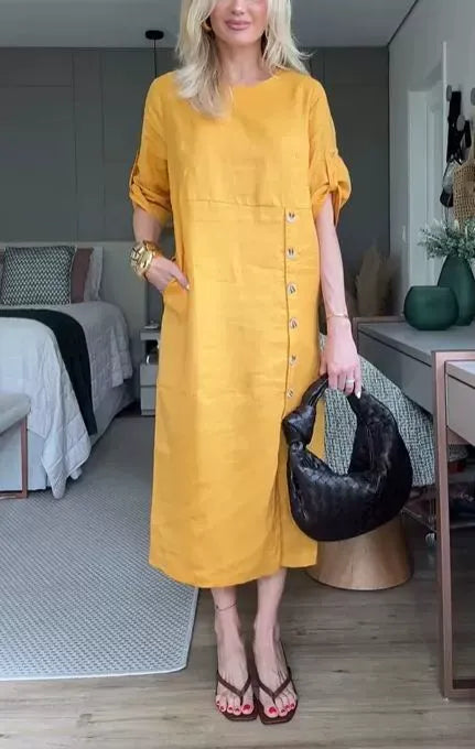 Damklänning midi – Linne bomull – Avslappnad passform – Korta ärmar – Knappdetalj