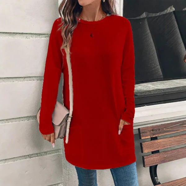 Damtunika – Lös Passform – Mjuk Bomullsblandning – Lång Ärmar – Fickor Fram