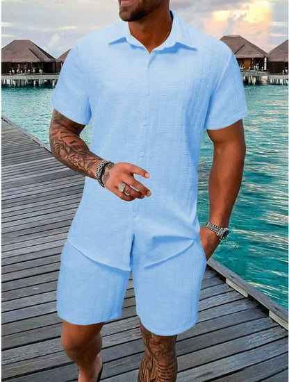 Herr Set med Kortärmad Skjorta och Shorts – Jacquard – Avslappnad Passform