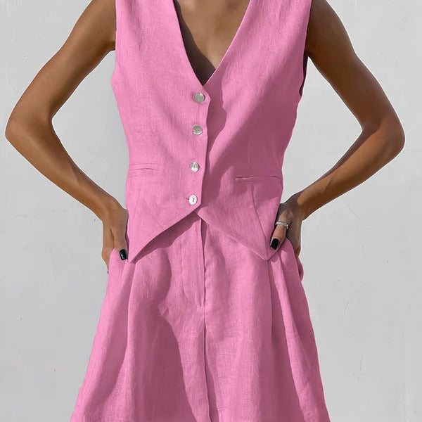 Damset med väst och shorts – Linne – Avslappnad Passform – Skräddad V-ringning – Knäppning Fram