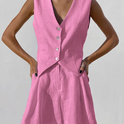 Damset med väst och shorts – Linne – Avslappnad Passform – Skräddad V-ringning – Knäppning Fram