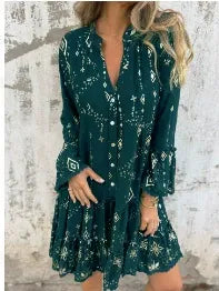 Damklänning – Utsvängd Passform – Spetsärmar – Volangkjol – Metalliska Detaljer