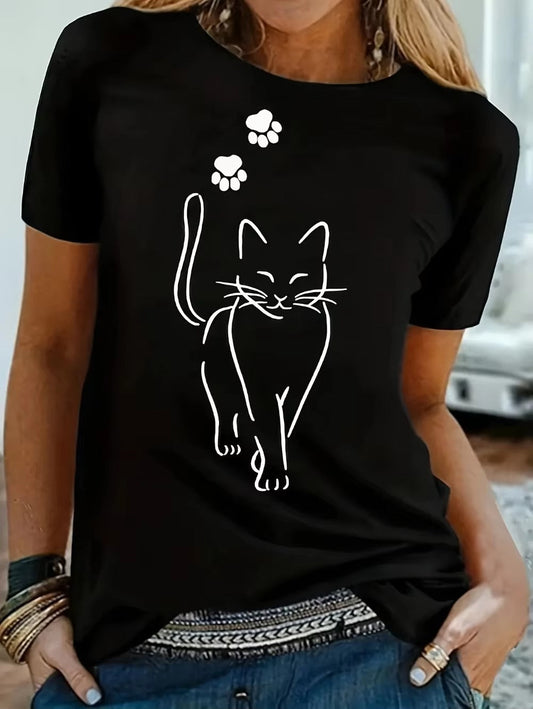 Dam T-shirt – Avslappnad Passform – Cottonblandning – Kattmotiv – Kort Ärm