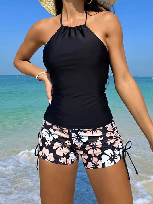 Dam Tankiniset – Halterneck Topp – Figurnära Passform – Blommiga Knytshorts