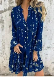 Damklänning – Utsvängd Passform – Spetsärmar – Volangkjol – Metalliska Detaljer