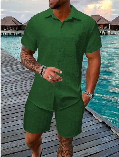 Herr Set med Kortärmad Skjorta och Shorts – Jacquard – Avslappnad Passform