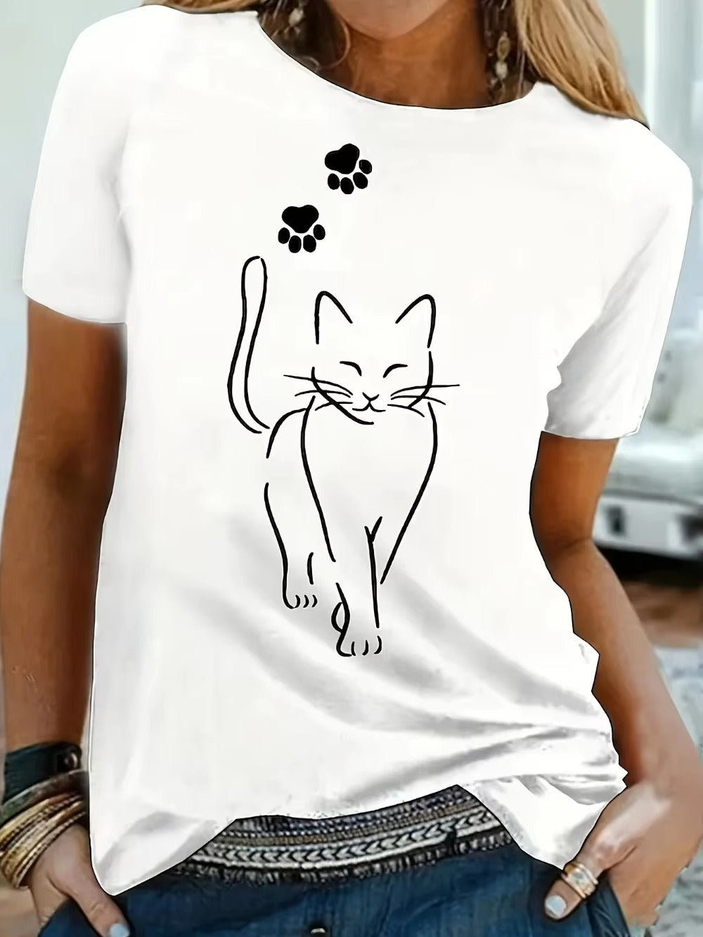 Dam T-shirt – Avslappnad Passform – Cottonblandning – Kattmotiv – Kort Ärm