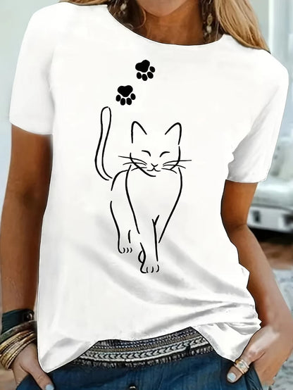 Dam T-shirt – Avslappnad Passform – Cottonblandning – Kattmotiv – Kort Ärm
