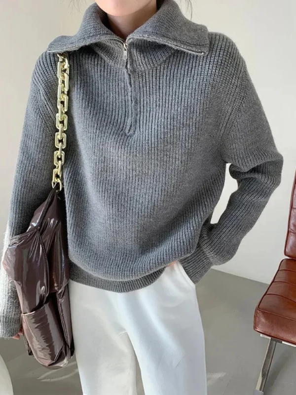 Damtröja – Ull – Avslappnad Passform – Hög Krage med Dragkedja – Ribbade Detaljer